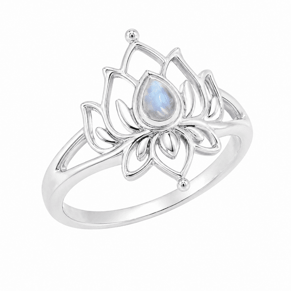 Earth Gems Jewelry Moonstone Lotus Ring for Women, 925 Sterling Silver Floral Statement Ring