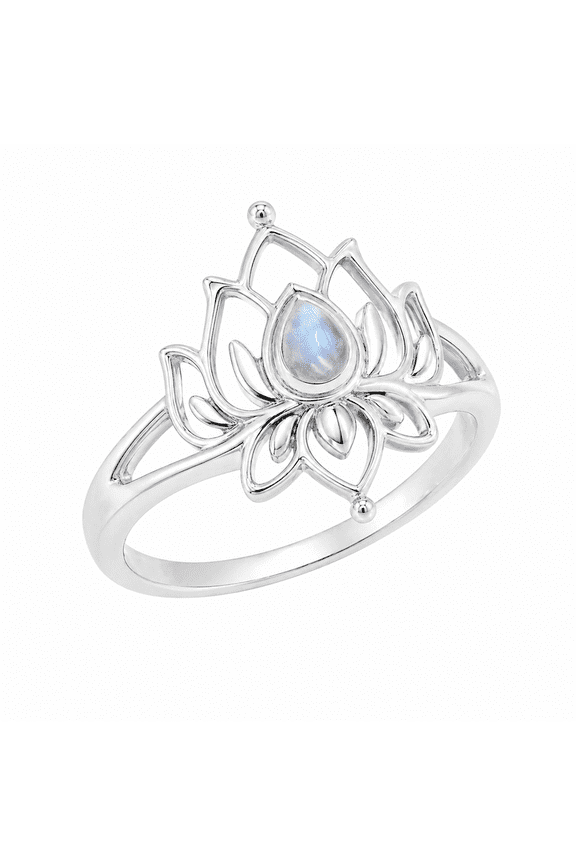 Earth Gems Jewelry Moonstone Lotus Ring for Women, 925 Sterling Silver Floral Statement Ring