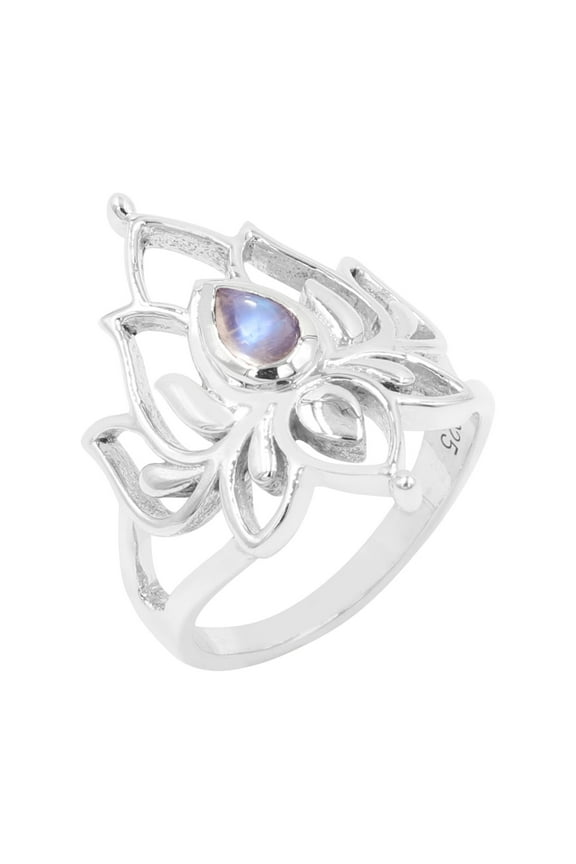 Earth Gems Jewelry Moonstone Ring Sterling Silver Rings Lotus Design Ring Statement Ring for Women