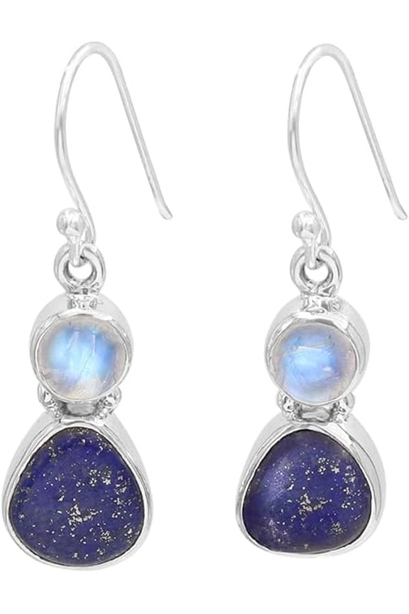 Earth Gems Jewelry Natural Lapis Lazuli Gemstone Earrings Solid Sterling Silver Dangle Moonstone Earrings for Women
