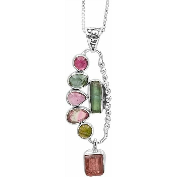 Earth Gems Jewelry Natural Tourmaline Pendant 925 Solid Silver Multi Gemstone Pendant Necklaces for Women