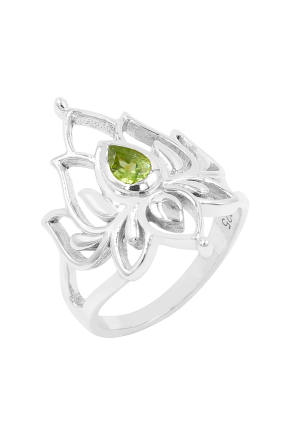 Earth Gems Jewelry Peridot Ring Sterling Silver Rings Lotus Design Ring Statement Ring for Women
