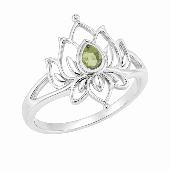 Earth Gems Jewelry Peridot Lotus Ring for Women, 925 Sterling Silver Floral Statement Ring