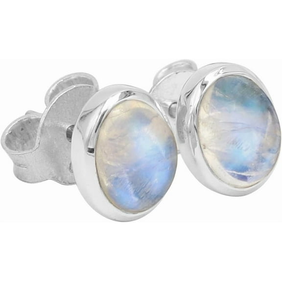 Earth Gems Jewelry Rainbow Moonstone Earrings Oval Gemstone studs in 925 Sterling Silver for Women