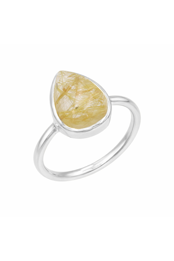 Earth Gems Jewelry Rutilated Quartz Ring - Sterling Silver Pear Gemstone Jewelry for Women