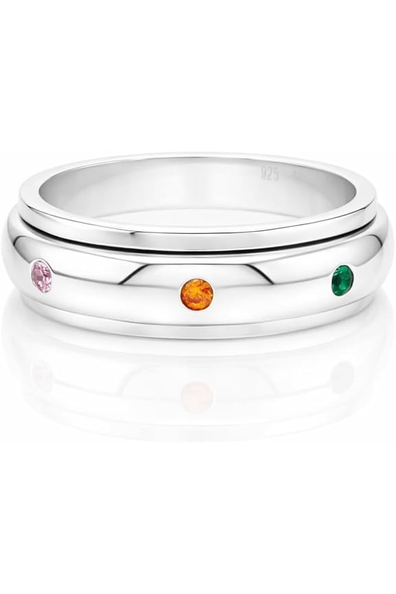 Earth Gems Jewelry Spinner Ring with Multi-Color Gemstones – 925 Sterling Silver Unisex Anxiety Band