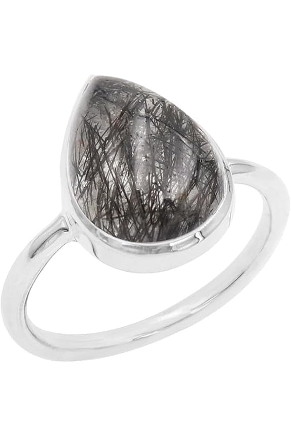 Earth Gems Jewelry Tourmalinated quartz Ring - Sterling Silver Pear Gemstone Jewelry for Women