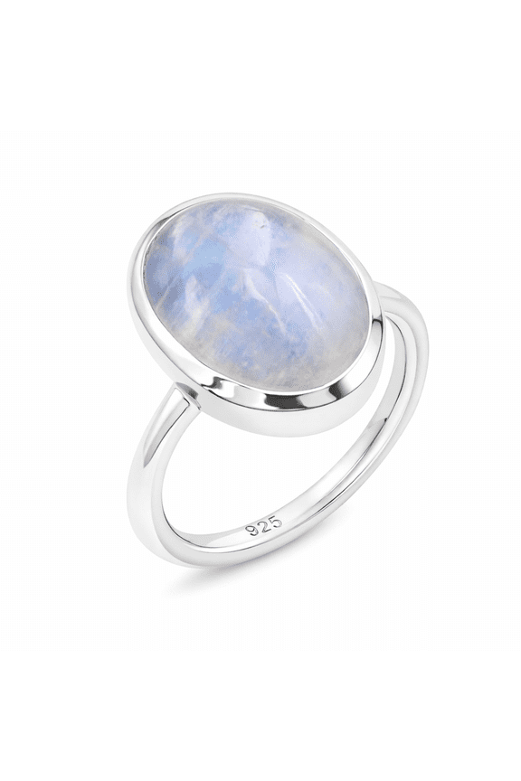 Earth Gems Rainbow Moonstone Ring - Sterling Silver Oval Gemstone Jewelry for Women