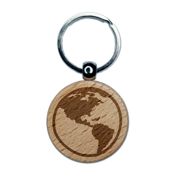 Earth Globe Travel Doodle Round Keychain Charm Tag - Engraved Wood