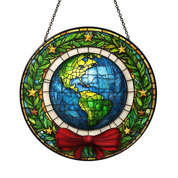 Earth Globe with Stars Stained Glass Style Suncatcher – Window Art