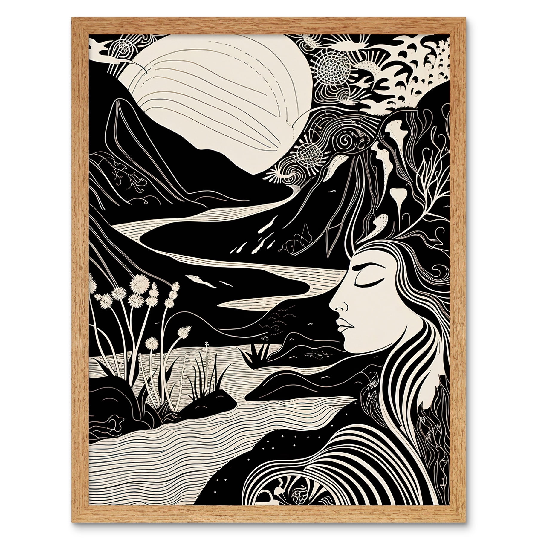 Earth Goddess River Mountain Landscape Linocut Art Print Framed Poster ...