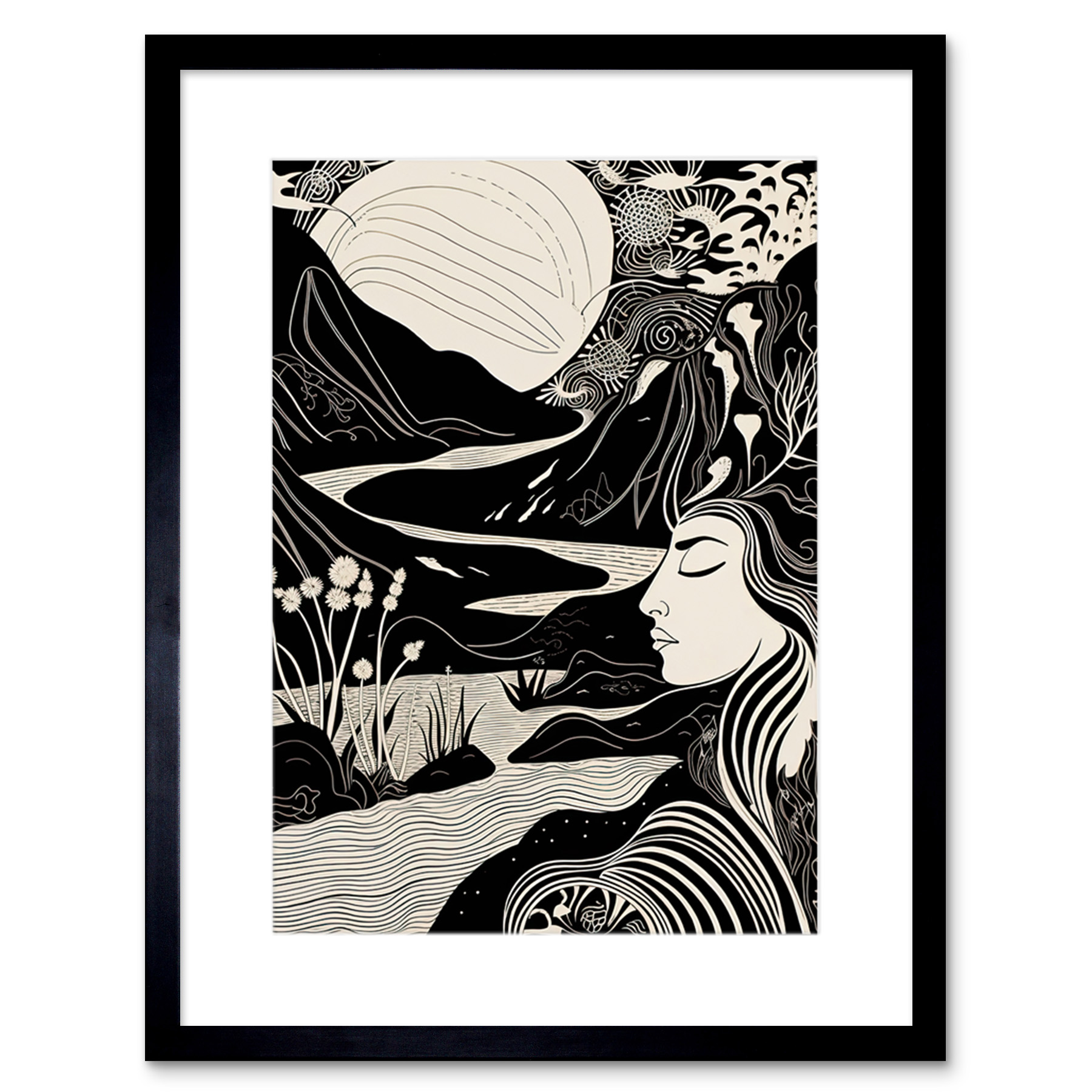 Earth Goddess River Mountain Landscape Linocut Artwork Framed Wall Art ...