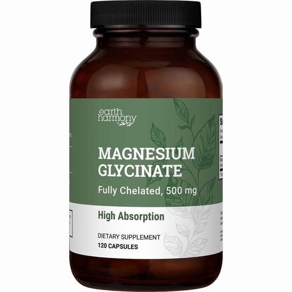 Earth Harmony Chelated Magnesium Glycinate Powder, 500 mg, Supports Serotonin Production, 120 Capsules