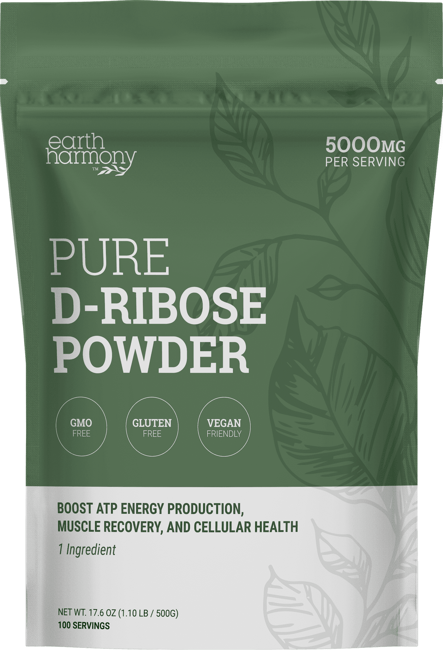 Earth Harmony D-Ribose Powder 17.6 Oz, 5000mg Supplement for Cellular ...