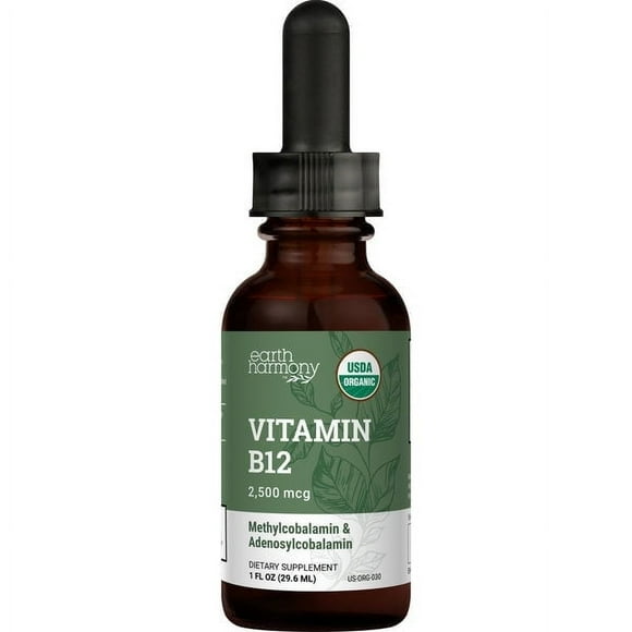 Earth Harmony Organic Vitamin B12 2000mcg - 1 fl oz - B12 Liquid and B12 Sublingual - Natural Sweet Taste
