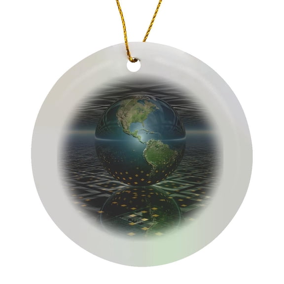 3drose, Earth Horizons Surreal Scene of Reflecting Earth Globe Resting on Computer Board, Circle Porcelain Ornament