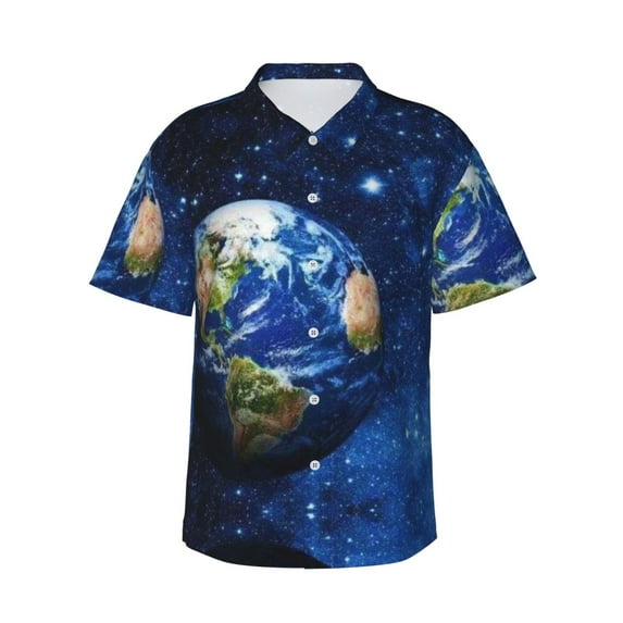 Earth In The Solar System Men'S 3d Print Casual Button Down Shirts, Novelty Hawaiian Short Sleeves M