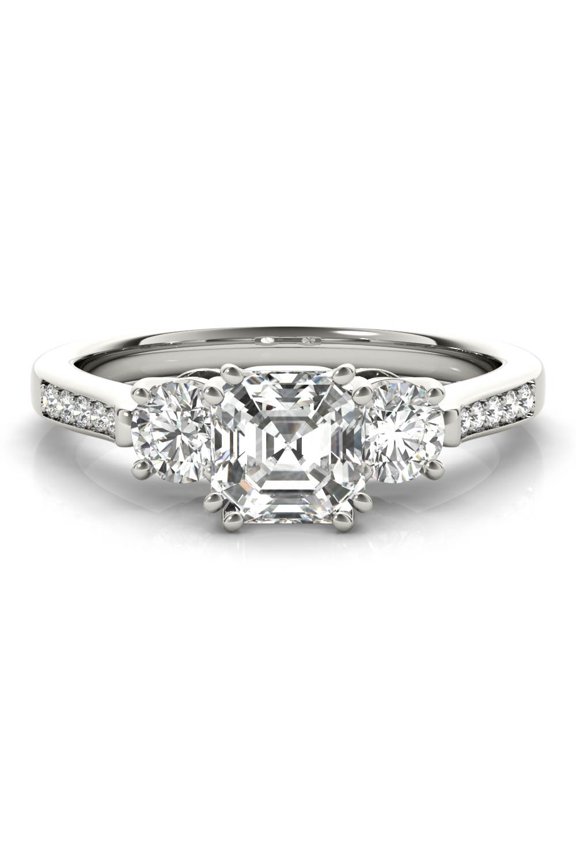 1.49 Ct Asscher Cut Lab Created Diamond Ring - Three Stone Solitaire Style with Accent Diamonds - Crafted in 14K White Gold Plated Ring - Engagement and Wedding Jewelry for Women