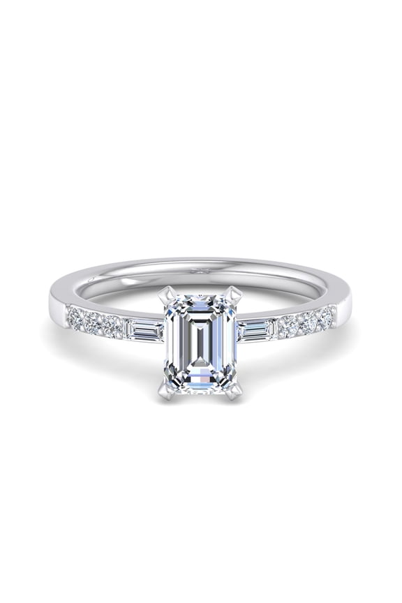1.49 Ct Emerald Cut Engagement Rings - 14K White Gold Plated - Solitaire with Accent Diamonds - Wedding Trilogy Rings - Lab-Created Diamond - Perfect for Graduation or New Year Gifts