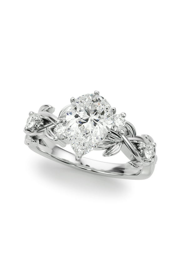 1.7 Ct Solitaire Leaf Design Lab Created Pear Cut Diamond Ring - 14K White Gold Plated Engagement Jewelry - Accent Diamonds Engagement Ring for Her - Wedding Ring with Leaf Style
