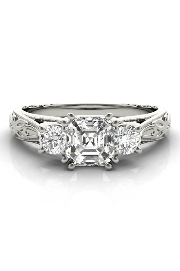 1.92 Ct Asscher Cut Lab Created Diamond Ring - Elegant Three Stone and Leaf Design in 14K White Gold Plated - Beautiful Ring for Women's- Ideal Proposal Jewelry - Unique Gift for Her