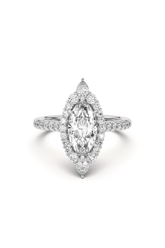1.92 Ct Marquise Cut Solitaire Engagement Ring - Round Cut Halo Diamond with Prong Setting - 14K White Gold Plated Eternity Band - Perfect for Birthdays, Weddings, and Special Occasion