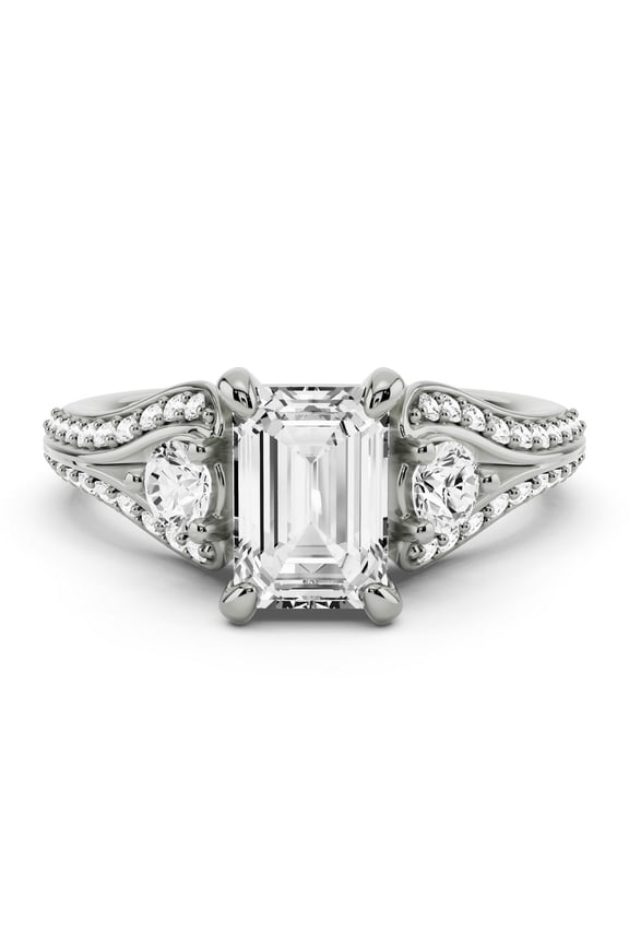 14K White Gold Plated 2.13 Ct Emerald Cut Engagement Solitaire Ring - Accent Diamond 3 Stone Wedding Ring for Women - Eternity Split Shank Trilogy Engagement Ring - Bridal Jewelry Gift