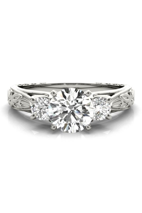 14K White Gold Plated Ring - 2.02 Ct Round Cut Lab Created Diamond - Stunning Three Stone and Leaf Ring for Women - Perfect for Proposal- Unique Gift for Her - Celebrate Love with Style