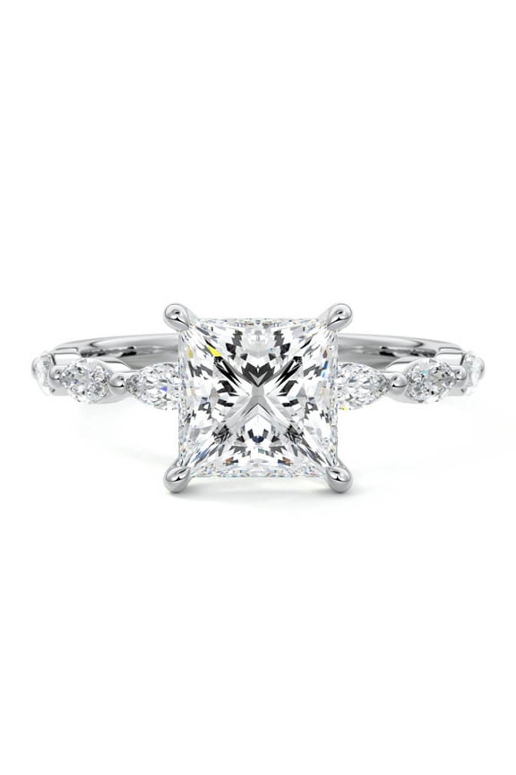 14K White Gold Plated Ring for Her - Excellent 1.9 Ct Princess Cut Lab Created Simulated Diamond Ring - Wedding Proposal Rings - 50th Wedding Anniversary Gifts - Diamond Jewellery