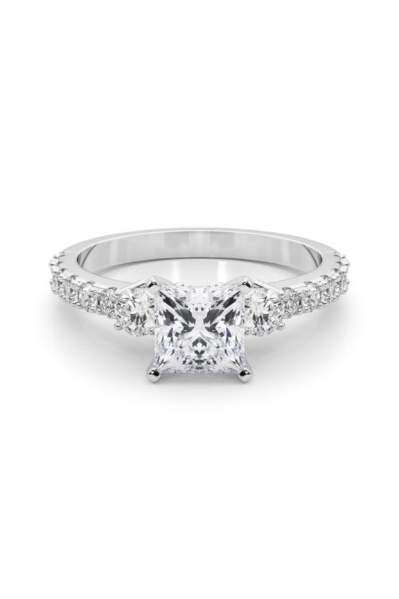 14K White Gold Plated Ring - Exquisite 1.6 Ct Three Stone Solitaire with Accents Ring - Beautiful Princess Cut Lab Created Diamond Engagement Ring - Ideal Gift for ProposalRings