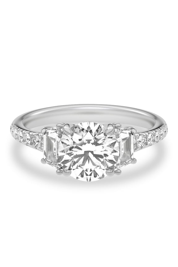 2.02 Ct Round Cut Diamond Halo Engagement Ring - Stunning 3 Stone Design with Accents - Premium Lab-Created Simulated Stone - 14K White Gold Plated Ring - Ideal Wedding Ring for Her