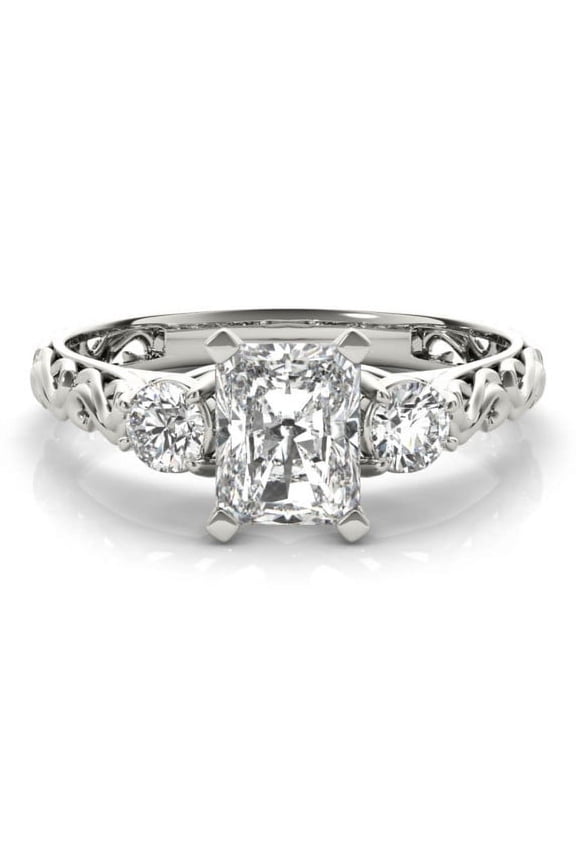 2.13 Ct Lab Created Radiant Cut Diamond Ring - Three Stone Vintage Filigree Design - 14K White Gold Plated Setting Engagement and Wedding Rings for Women's Jewelry Collection