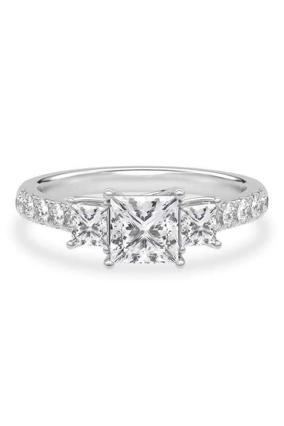 2.24 Ct Princess Cut Engagement Solitaire Ring - 14K White Gold Plated with Accent Diamonds - Wedding Trilogy Ring for Women - Broad Eternity Band Lab-Created Simulated Diamond Rings