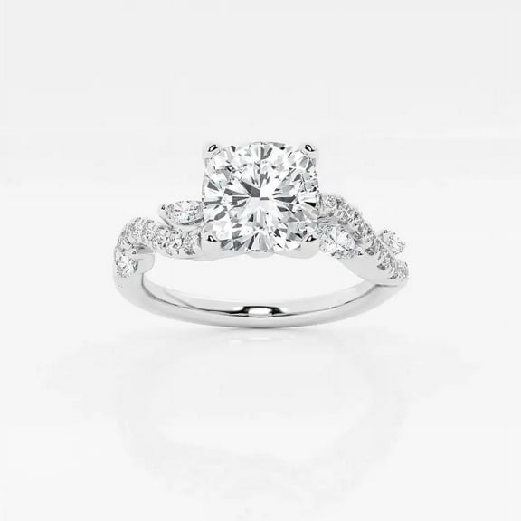 Earth Jewel Charming 1.5 Ct Cushion Cut Lab-Grown Simulated Diamond Engagement Ring - Wave Shank Leafy Setting - 14K White Gold Plated - Gift Her the Perfect Wedding Jewelry