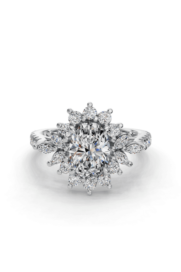 Elegant 1.6 Ct Oval Cut Engagement Rings - Floral Halo with Accent Stones - Lab-Created Simulated Diamond - 14K White Gold Plated - Solitaire Prong Setting - Ideal Anniversary Gifts