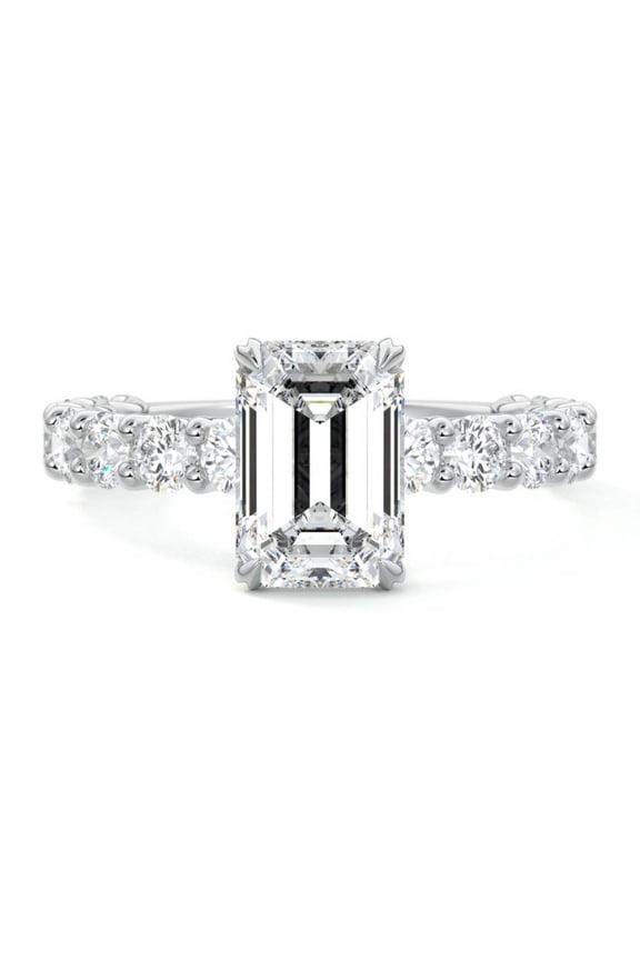 Emerald Cut Excellent 2 Ct Diamond Ring For Women's - 14K White Gold Plated Ring for Women's - Hidden Halo Diamond Rings for Women's - Solitaire with Accent Diamond Ring for Women's