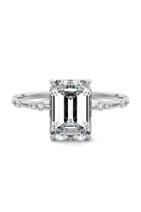 Emerald Cut Excellent 2 Ct Diamond Ring for Women's - 14K White Gold Plated Rings - Solitaire with Accent Diamond Rings for Women's - Classic Diamond Rings - Surprise Diamond Ring