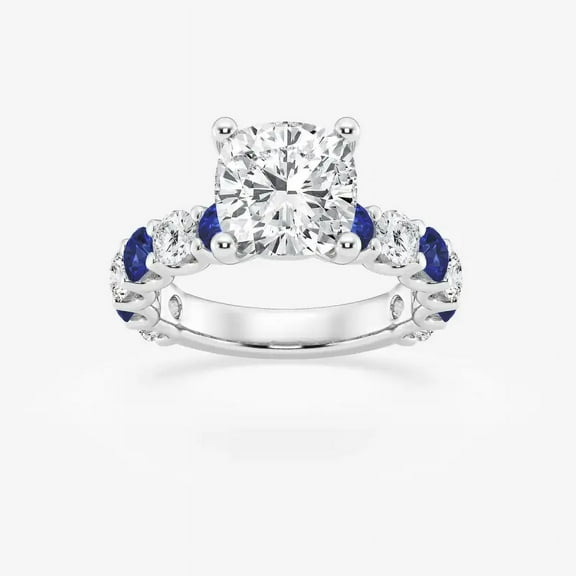 Earth Jewel Exquisite 1.7 Ct Cushion Cut Lab-Grown Simulated Diamond Engagement Ring - Solitaire Ring with Blue Sapphire Side Accents - 14K White Gold Plated - Perfect for Anniversaries