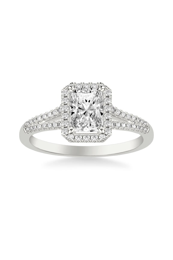 Exquisite 1.92 Ct Radiant Cut Diamond Ring - Lab Created Diamond - 14K White Gold Plated Prong Set - Split Shank and Halo Ring - Ideal for Special Celebrations and Cherishing Your Bond