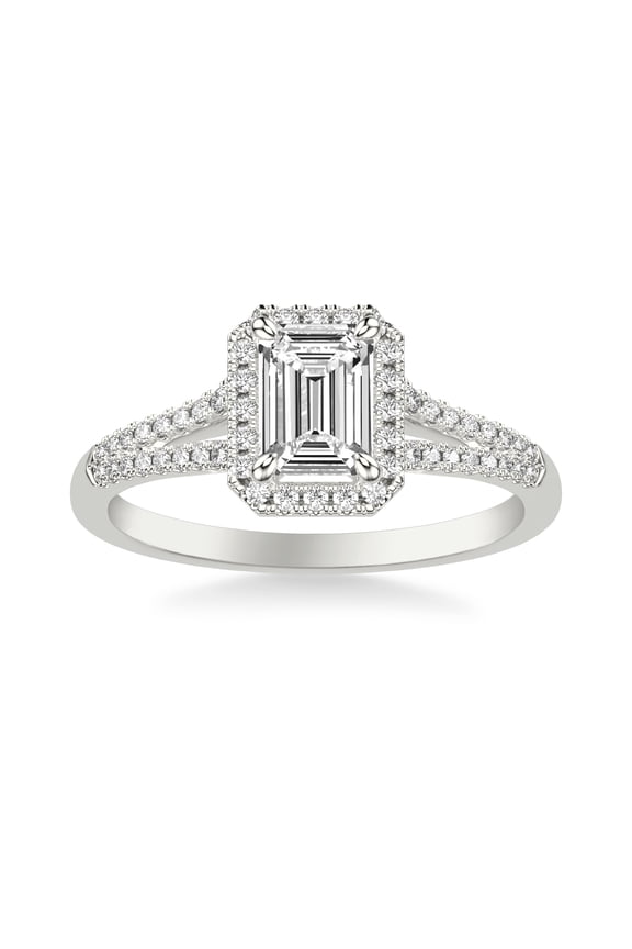 Gorgeous 2.02 Ct Emerald Cut Diamond Ring - Lab Created Simulated Diamond - 14K White Gold Plated Ring - Split Shank and Halo Design - Perfect for Love Anniversary and Lasting Memory