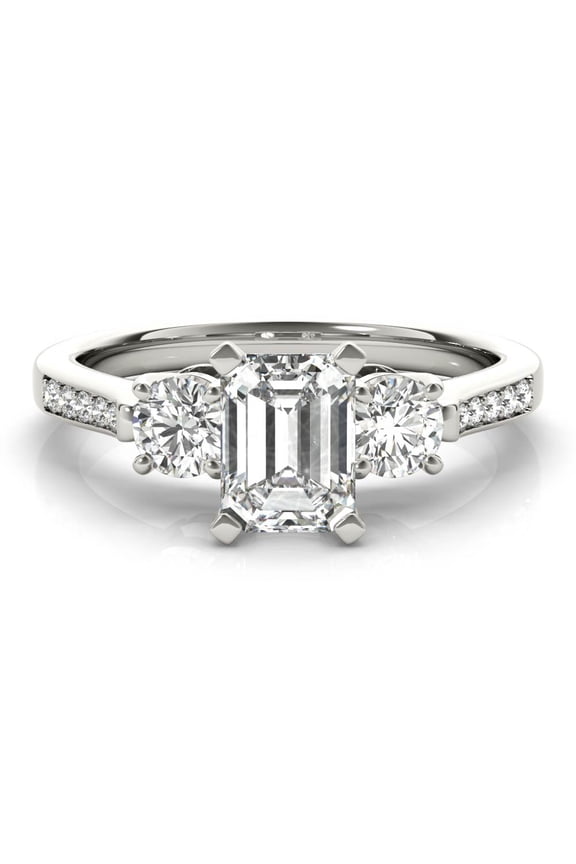 Lab Created Diamond 2.13 Ct Emerald Cut Ring - 14K White Gold Plated Ring with Vintage Filigree Design Three Stone Style - Exquisite Wedding Ring Showcasing Elegance Attention to Detail