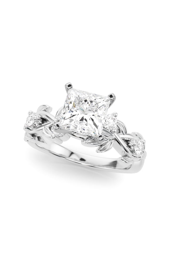 Princess Cut Lab Created Diamond Ring for Women - 1.92 Ct Solitaire Leaf Design with Accent Diamonds - 14K White Gold Plated Jewelry - Engagement Wedding Ring for Her - Daily Wear Rings