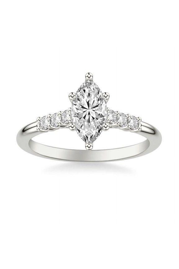 Solitaire Engagement Ring with Cathedral Setting for Women - 14K White Gold Plated Marquise Cut Diamond Ring - 1.49 Ct Lab Created Diamond with Accents Design - 23rd Anniversary Gifts