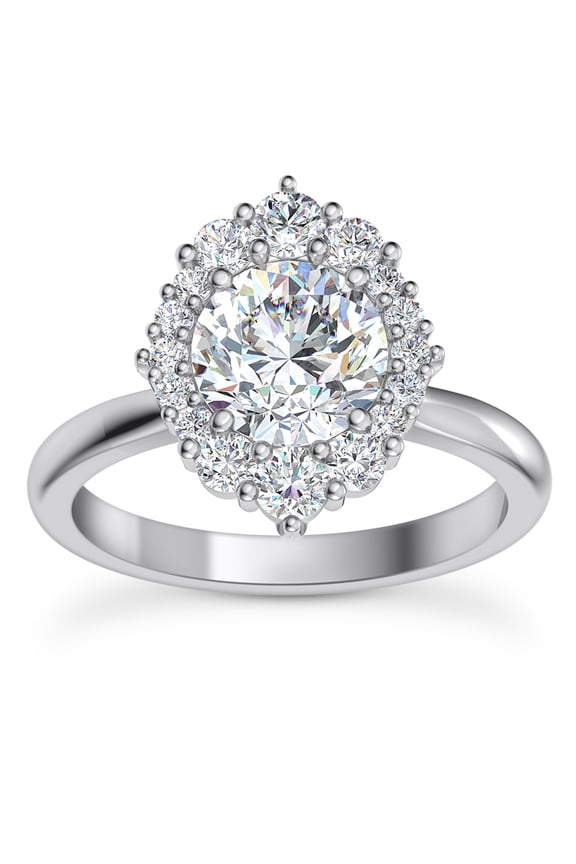 Solitaire Floral Halo Diamond Ring - 2.1 Ct Round Cut Lab Created Diamond - Prong Setting 14K White Gold Plated Engagement and Wedding Diamond Ring - Halo Solitaire with Accent Ring