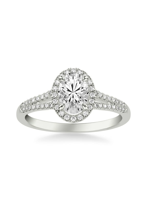 Stunning 2.13 Ct Oval Cut Diamond Ring - Lab Created Simulated Diamond - 14K White Gold Plated Rings - Split Shank and Halo Design - Perfect for Romantic Proposal and Lasting Memory
