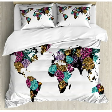 Earth King Size Duvet Cover Set, World Map with Elegance Rose Flowered Continents Shabby Chic Thematic Petals Design, Decorative 3 Piece Bedding Set with 2 Pillow Shams, Multicolor, by Ambesonne