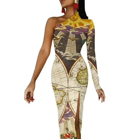 Earth Map Maxi Dress One Shoulder World Maps Print Party Bodycon Dresses Spring Elegant Dress Ladies Graphic Vestido