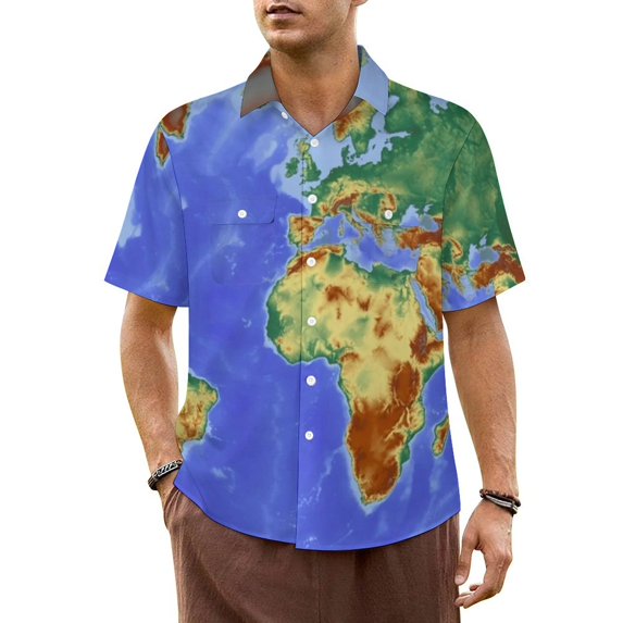 Earth Map Print Casual Shirt World Map 170 Novelty Hawaii Shirts Men Short-Sleeve Vacation