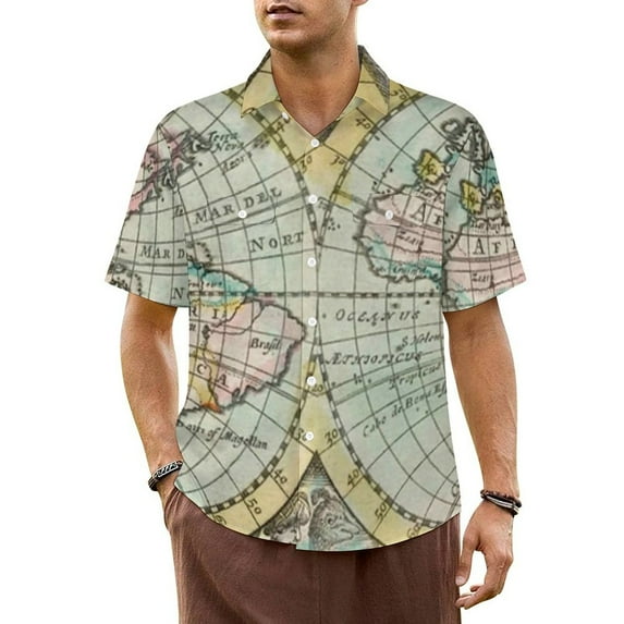 Earth Map Print Casual Shirt World Map 170 Novelty Hawaii Shirts Men Short-Sleeve Vacation