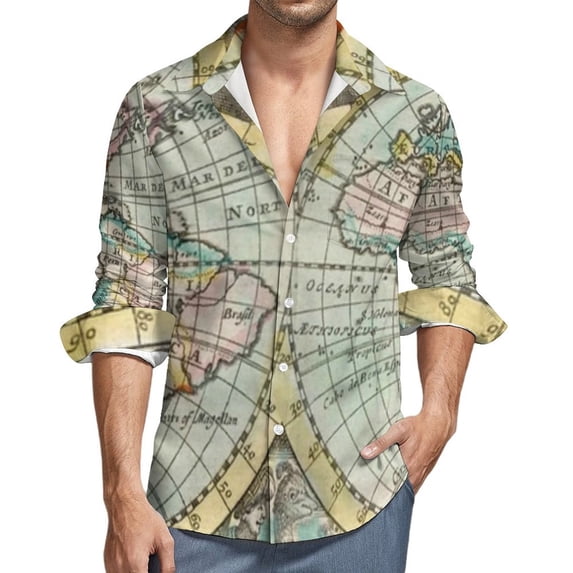 Earth Map Street Style Casual Shirt Men Vintage 1652 World Map Shirt Autumn Vintage Blouses Long Sleeve Graphic Oversize Clothes